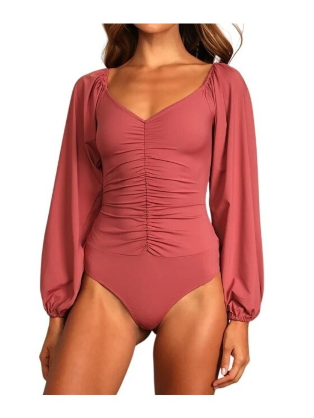 Lulus Certified Flirt Rusty Rose Ruched Long Sleeve Thong Bodysuit Size Small